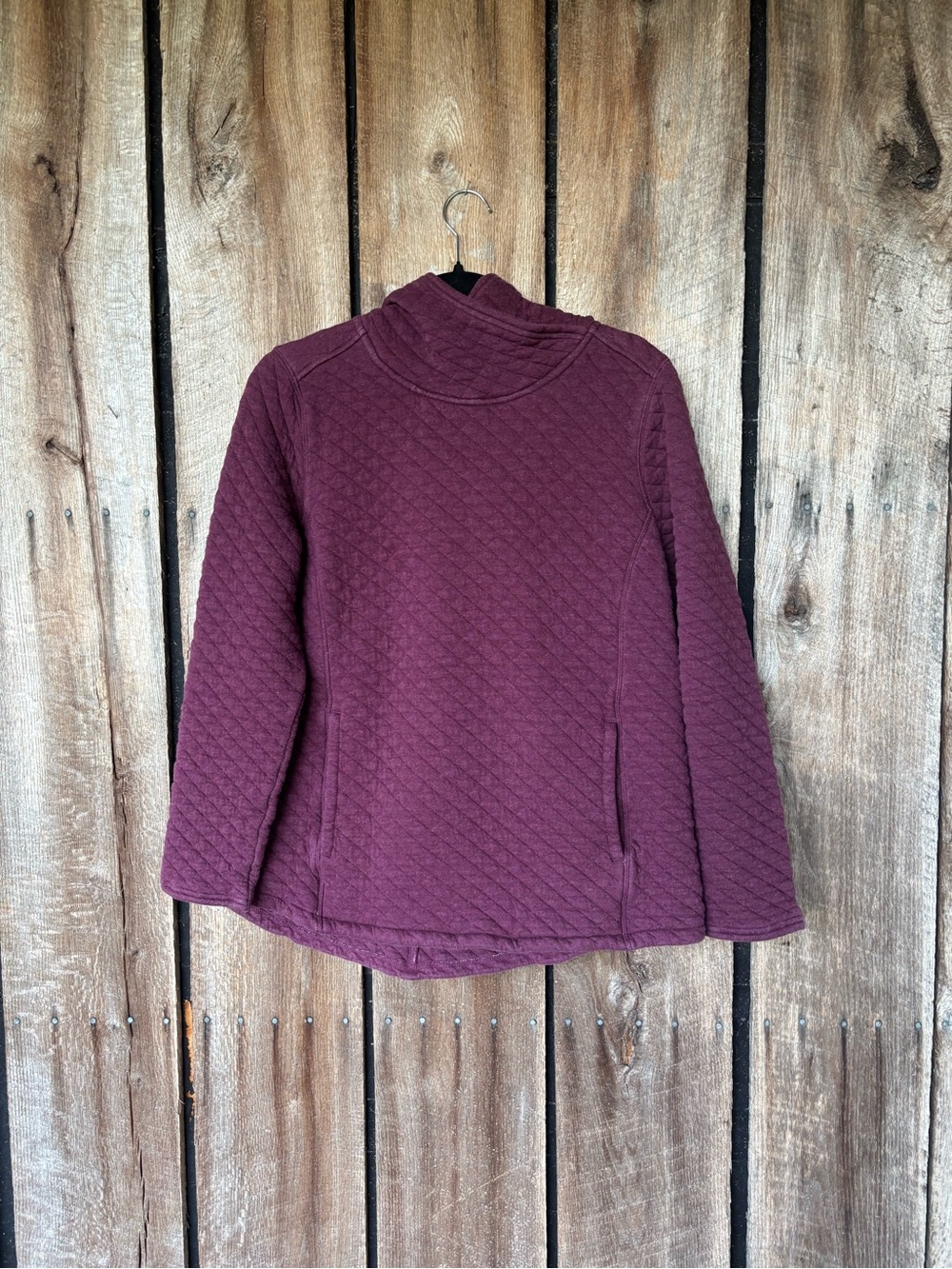 Duluth Trading Co Womens L Quilted Cowl Neck Pullover Sweatshirt Plum Tunic